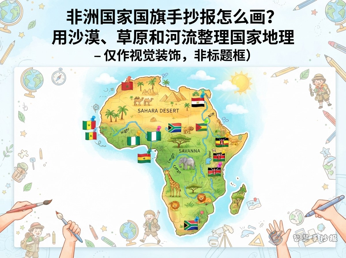 非洲国家国旗手抄报怎么画？用沙漠、草原和河流整理国家地理 - 智慧手抄报专题封面图