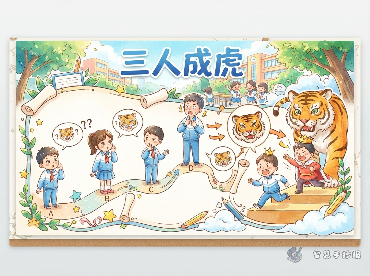 三人成虎手抄报怎么画出谣言传播的故事线 - 智慧手抄报专题封面图