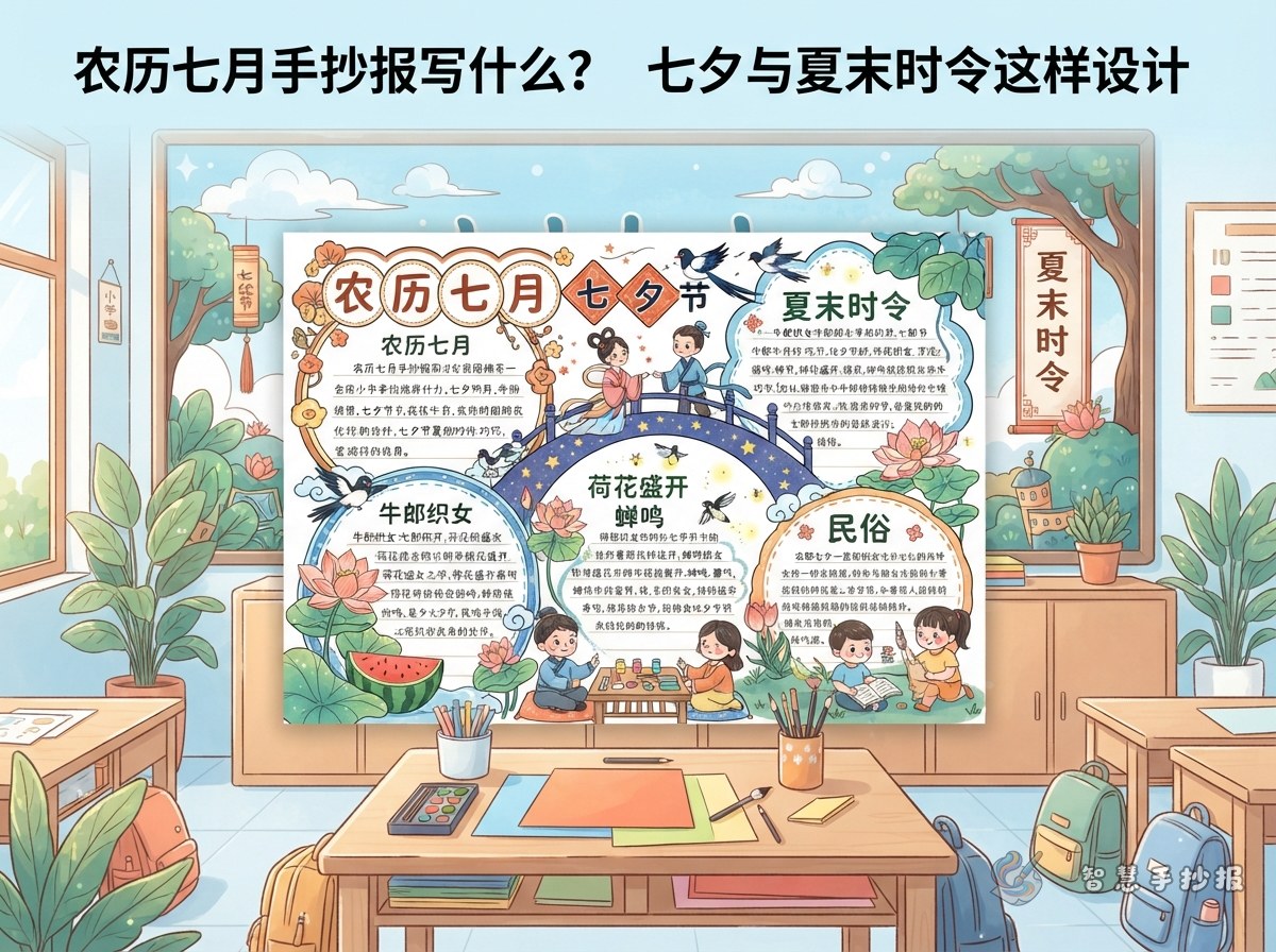 农历七月手抄报写什么？七夕与夏末时令这样设计 - 智慧手抄报专题封面图