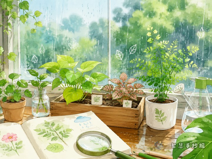 下雨天校园植物角观察手抄报怎么写更生动 - 相关内容封面