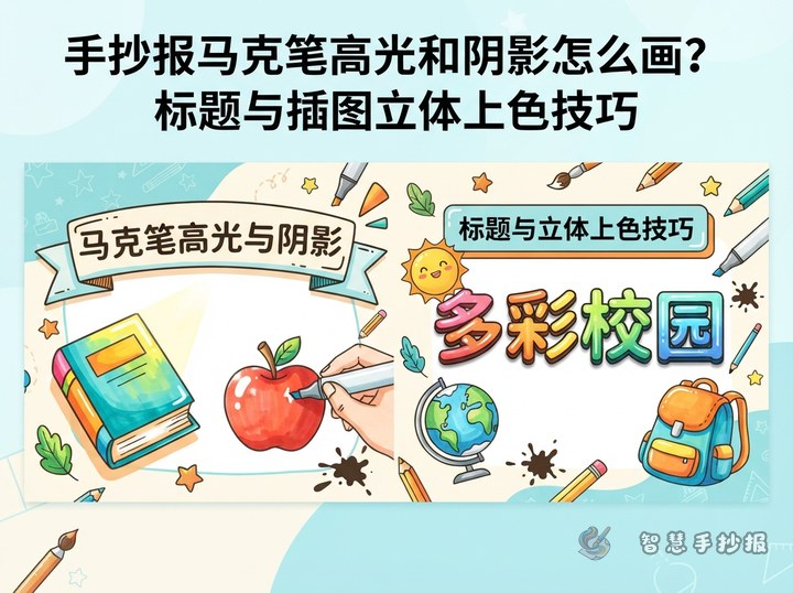 手抄报马克笔高光和阴影怎么画？标题与插图立体上色技巧 - 手抄报专题封面