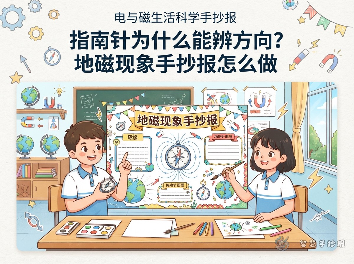 指南针为什么能辨方向？地磁现象手抄报怎么做 - 智慧手抄报专题封面图