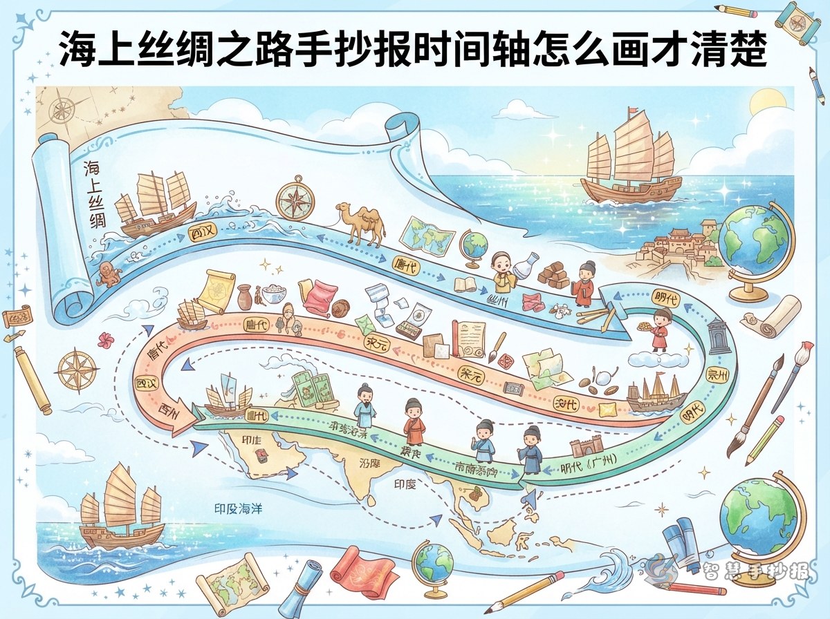 海上丝绸之路手抄报时间轴怎么画才清楚 - 智慧手抄报专题封面图