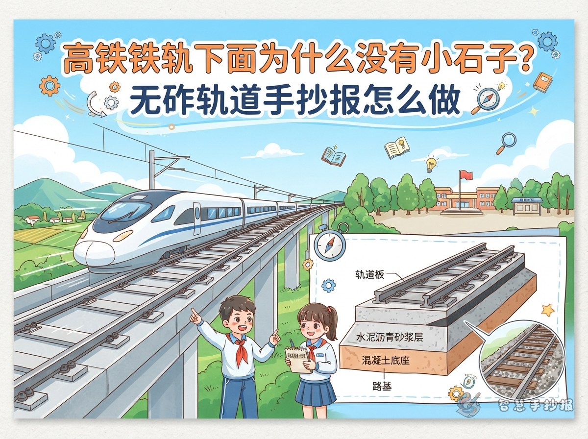 高铁铁轨下面为什么没有小石子？无砟轨道手抄报怎么做 - 智慧手抄报专题封面图