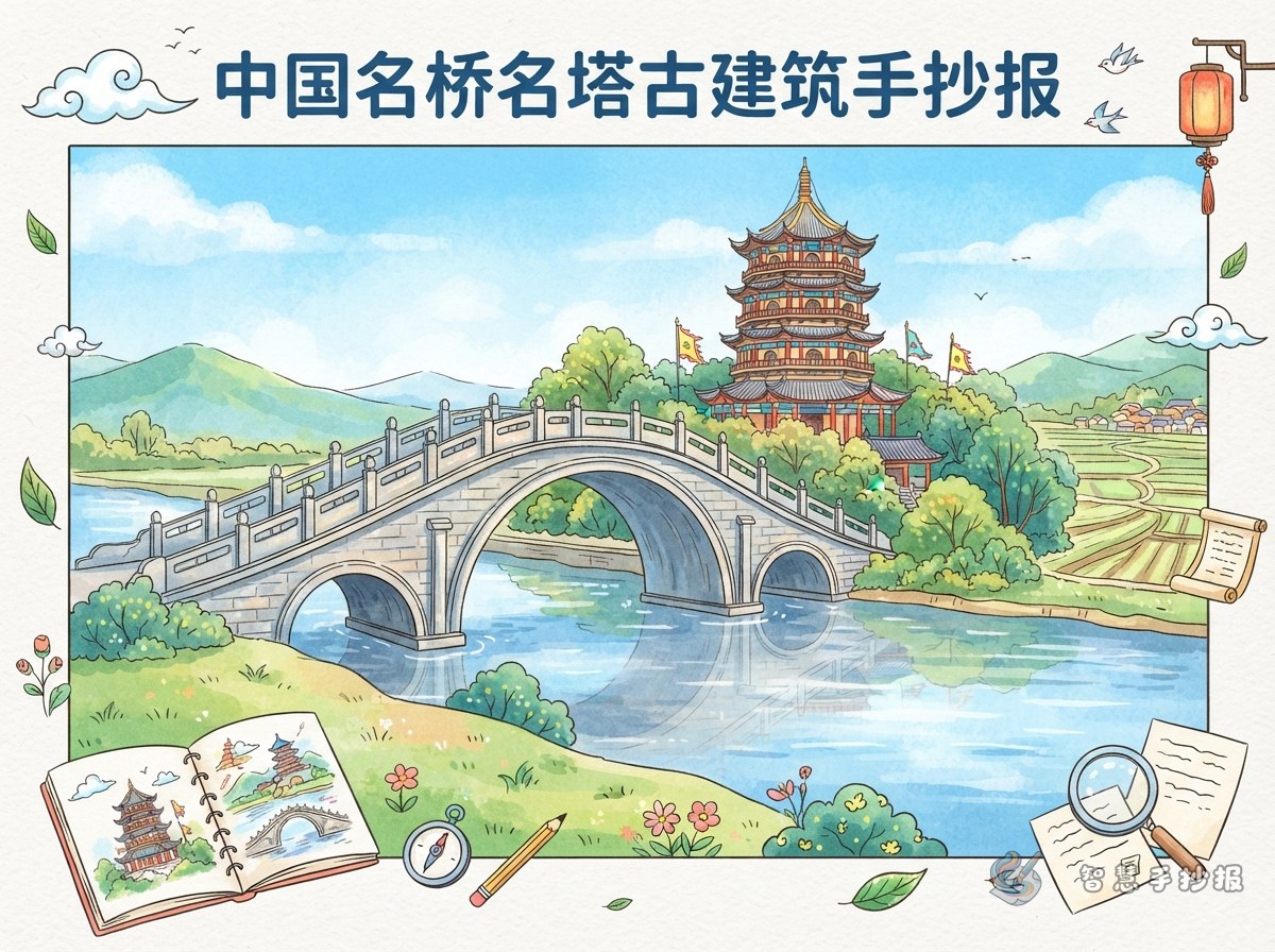 中国名桥名塔手抄报怎么画出桥塔相望的层次感 - 智慧手抄报专题封面图
