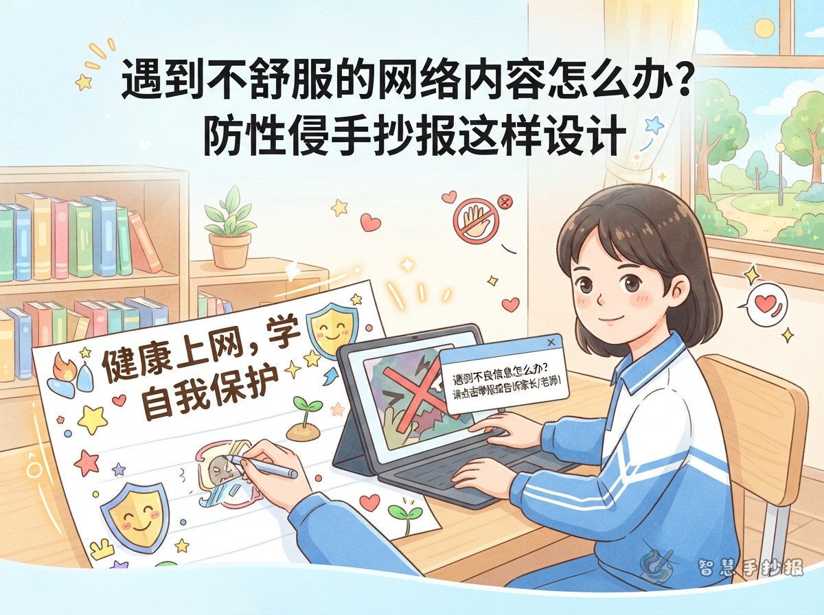 看到不舒服的网络内容怎么办？防性侵手抄报这样设计 - 智慧手抄报专题封面图