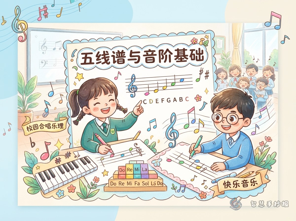 五线谱和音阶手抄报怎么做？校园合唱乐理这样写 - 智慧手抄报专题封面图