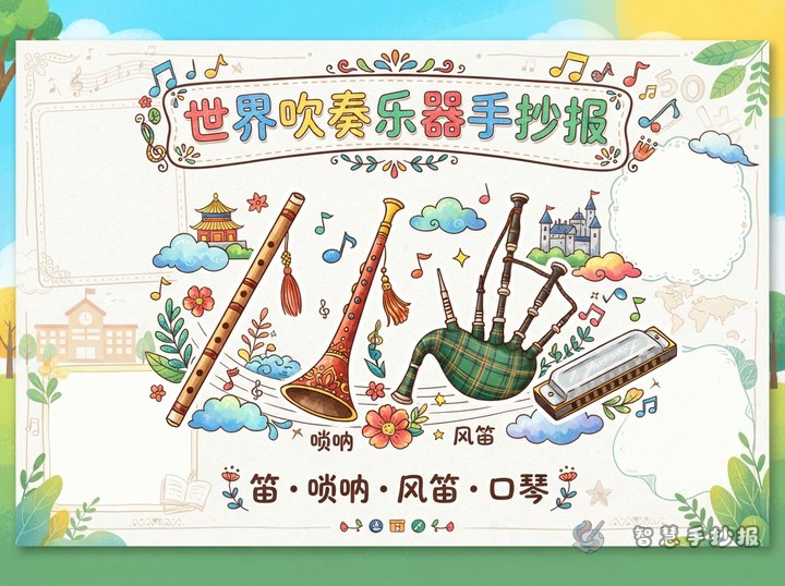 世界吹奏乐器手抄报怎么画？笛、唢呐、风笛和口琴的素材与版式 - 相关内容封面