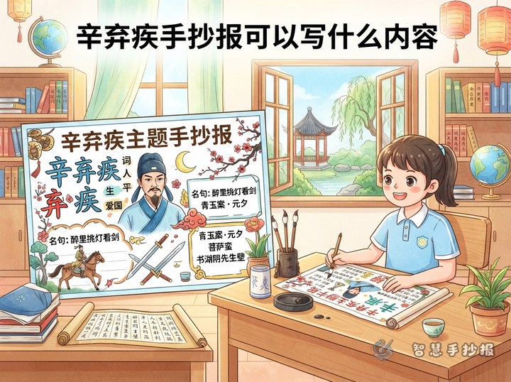 What content can be included in a Xin Qiji handwritten newspaper? - Sketch cover for Song Ci and Yuan Qu Classical Literature Handwritten Newspaper
