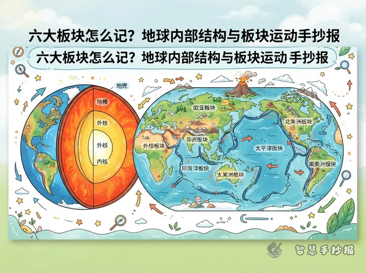 六大板块怎么记？地球内部结构与板块运动手抄报口诀与版面 - 地球内部结构与板块运动手抄报系列作品预览