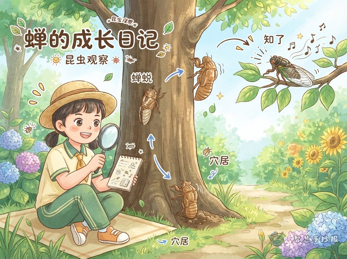 知了观察手抄报怎么写？从蝉蜕到鸣叫的观察记录 - 智慧手抄报专题封面图