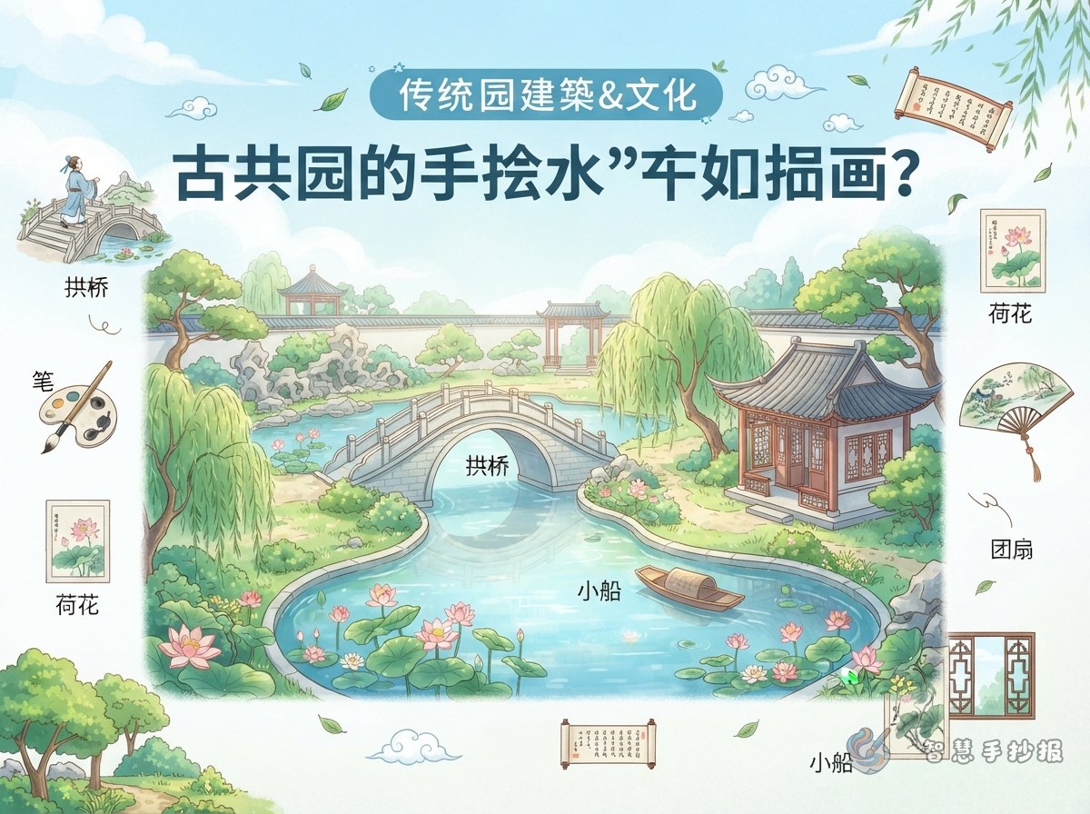 古典园林里的桥和水景手抄报怎么画？ - 智慧手抄报专题封面图