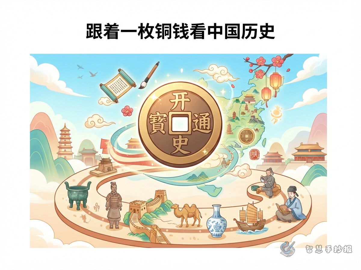 古钱币手抄报写什么？跟着一枚铜钱看中国历史 - 智慧手抄报专题封面图