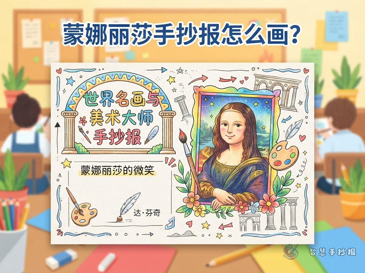 蒙娜丽莎手抄报怎么画？达&middot;芬奇名画版面与文字素材 - 智慧手抄报专题封面图