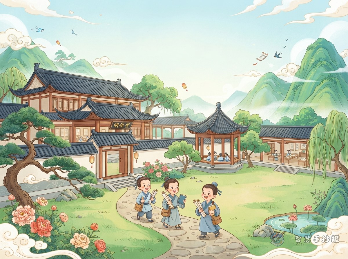 古代书院建筑主题手抄报怎么画出求学意境 - 智慧手抄报专题封面图