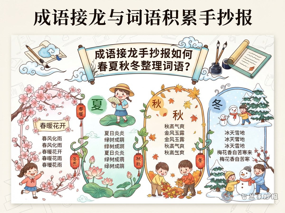 成语接龙手抄报如何按春夏秋冬整理词语？ - 智慧手抄报专题封面图