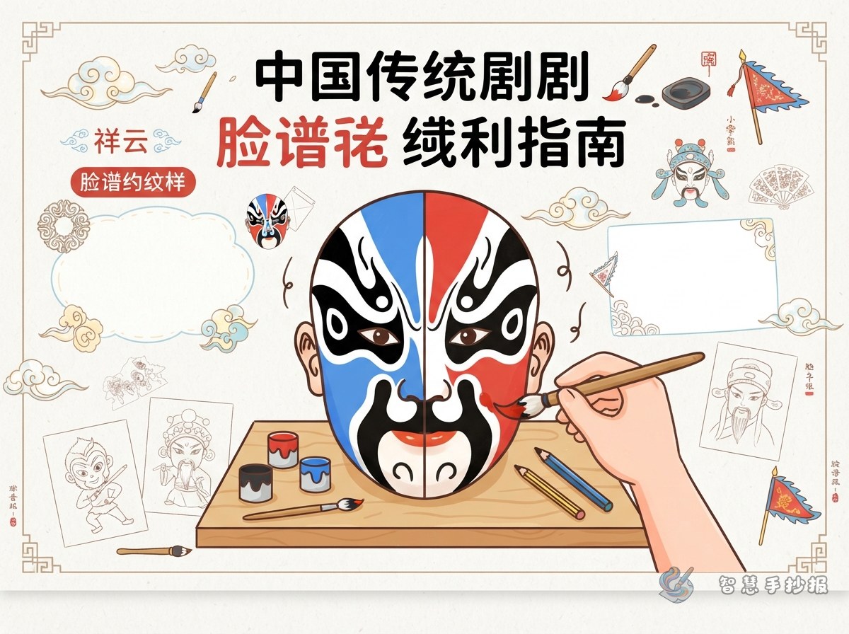 戏曲脸谱手抄报里的脸谱图案怎么画？对称画法步骤和排版技巧 - 智慧手抄报专题封面图